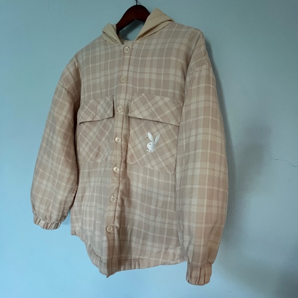 PacSun Jackets & Blazers - Playboy X‎ PacSun Collab Shacket Puffer Jacket Coat Pink Plaid Bunny Hoodie L